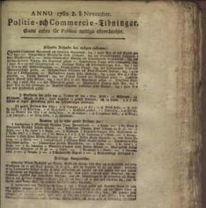 Bild av första sidan av Politie och Commercie tidningar den 8 november 1760