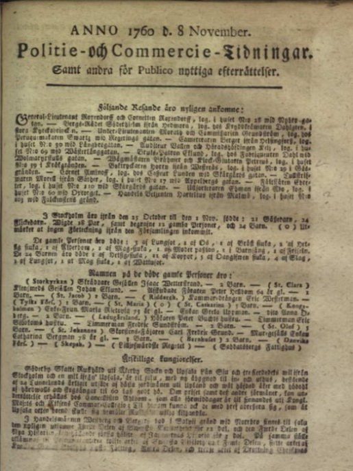Bild av första sidan av Politie och Commercie tidningar den 8 november 1760